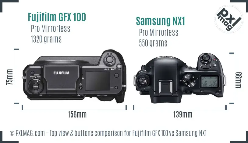 Fujifilm GFX 100 vs Samsung NX1 top view buttons comparison