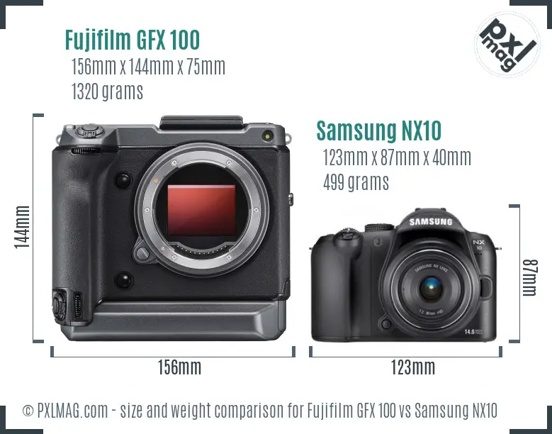 Fujifilm GFX 100 vs Samsung NX10 size comparison