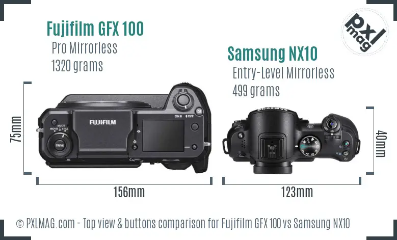 Fujifilm GFX 100 vs Samsung NX10 top view buttons comparison
