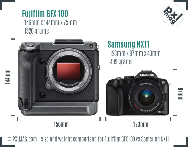 Fujifilm GFX 100 vs Samsung NX11 size comparison