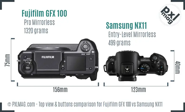 Fujifilm GFX 100 vs Samsung NX11 top view buttons comparison