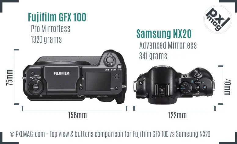 Fujifilm GFX 100 vs Samsung NX20 top view buttons comparison
