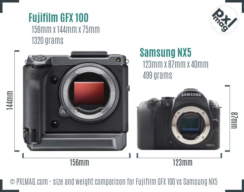 Fujifilm GFX 100 vs Samsung NX5 size comparison