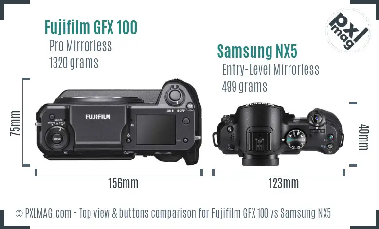 Fujifilm GFX 100 vs Samsung NX5 top view buttons comparison