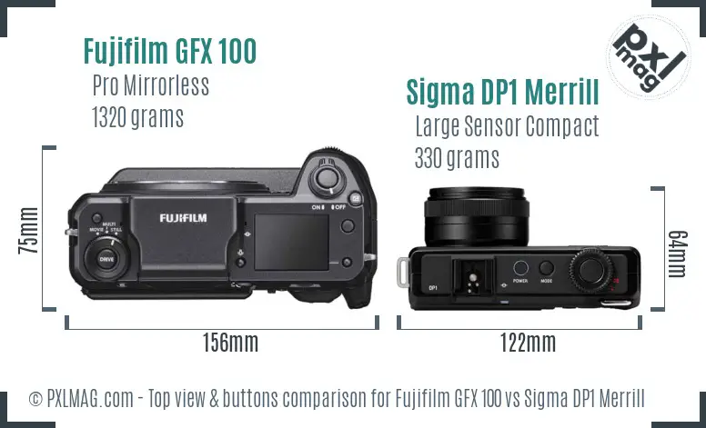 Fujifilm GFX 100 vs Sigma DP1 Merrill top view buttons comparison