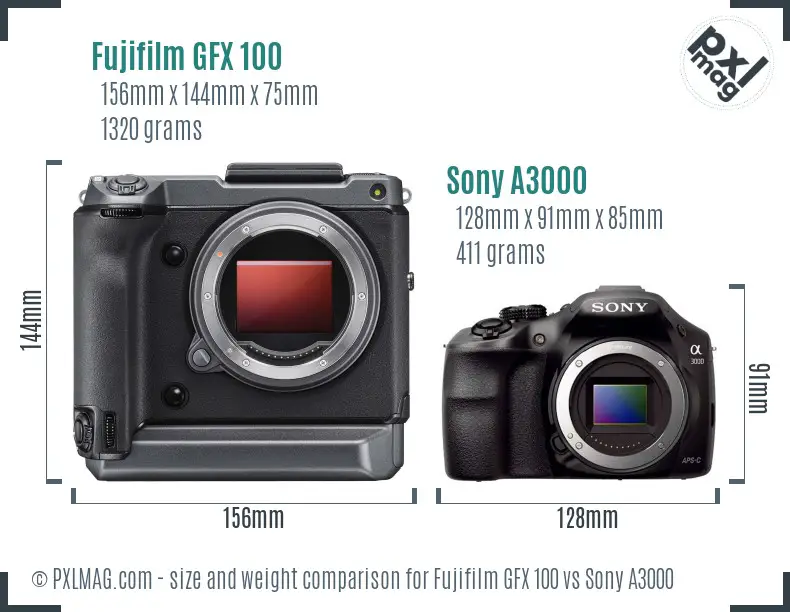 Fujifilm GFX 100 vs Sony A3000 size comparison