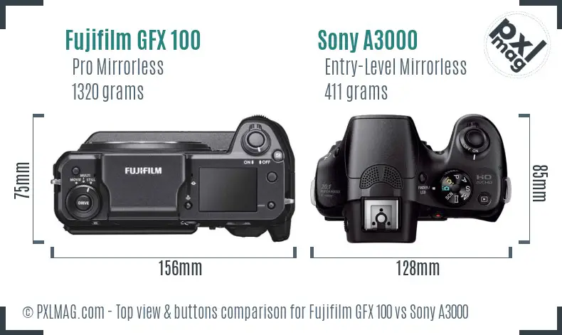 Fujifilm GFX 100 vs Sony A3000 top view buttons comparison
