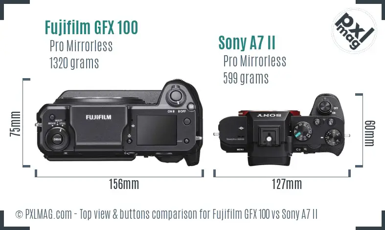 Fujifilm GFX 100 vs Sony A7 II top view buttons comparison