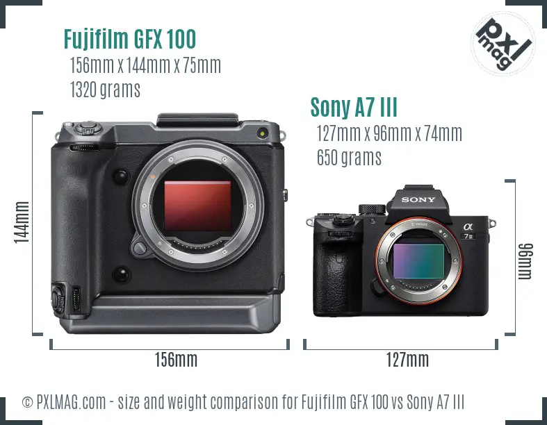 Fujifilm GFX 100 vs Sony A7 III size comparison