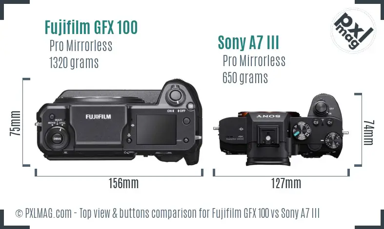 Fujifilm GFX 100 vs Sony A7 III top view buttons comparison