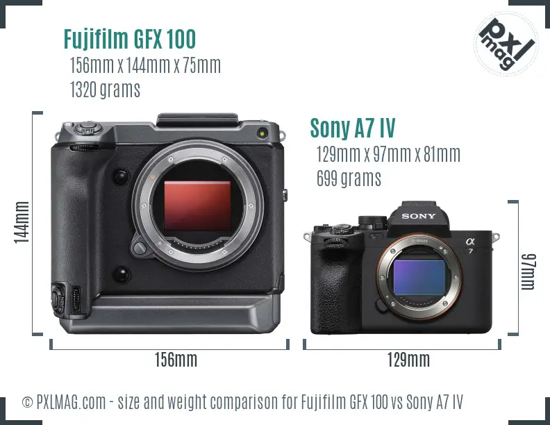 Fujifilm GFX 100 vs Sony A7 IV size comparison