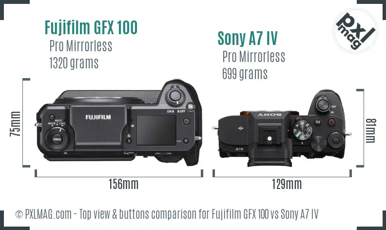 Fujifilm GFX 100 vs Sony A7 IV top view buttons comparison