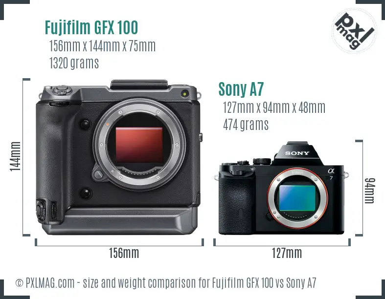 Fujifilm GFX 100 vs Sony A7 size comparison