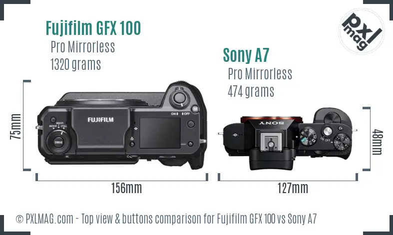 Fujifilm GFX 100 vs Sony A7 top view buttons comparison