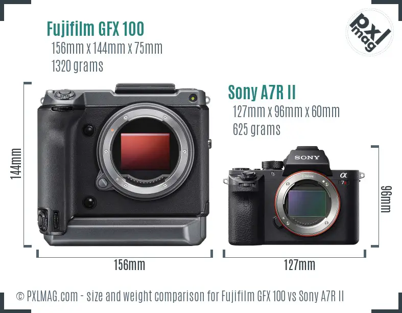 Fujifilm GFX 100 vs Sony A7R II size comparison