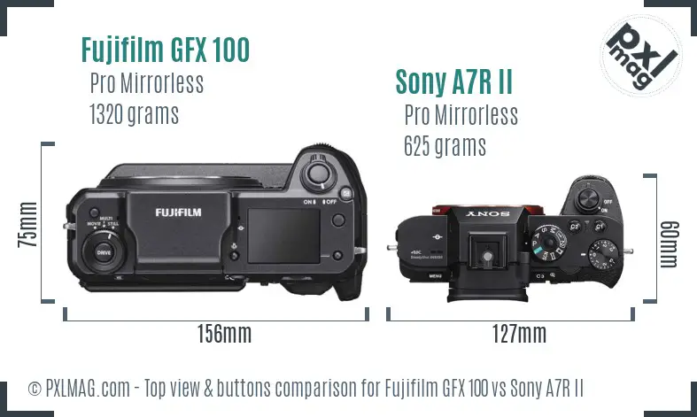 Fujifilm GFX 100 vs Sony A7R II top view buttons comparison