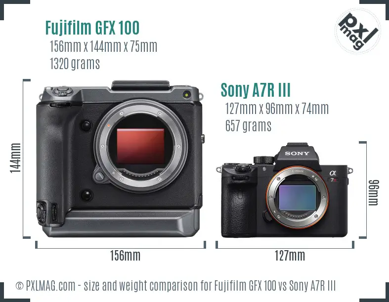 Fujifilm GFX 100 vs Sony A7R III size comparison