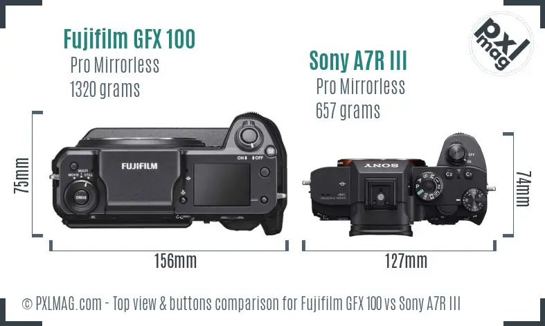 Fujifilm GFX 100 vs Sony A7R III top view buttons comparison