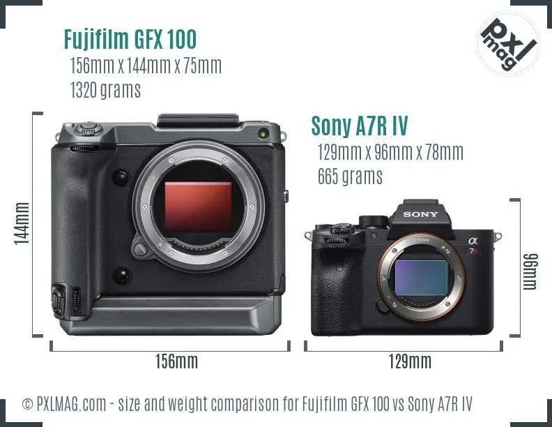 Fujifilm GFX 100 vs Sony A7R IV size comparison