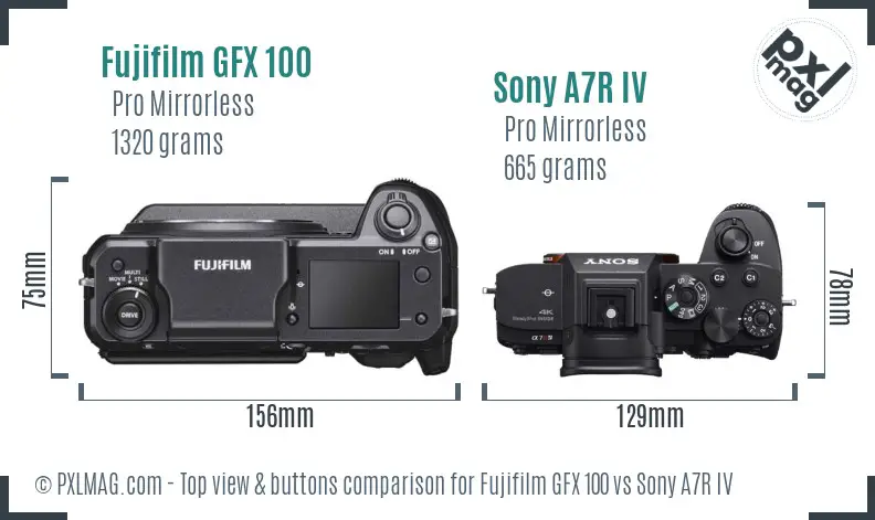 Fujifilm GFX 100 vs Sony A7R IV top view buttons comparison
