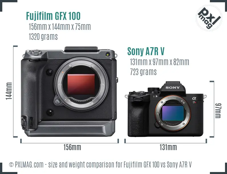 Fujifilm GFX 100 vs Sony A7R V size comparison