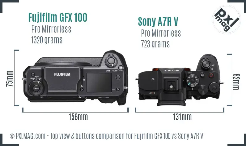 Fujifilm GFX 100 vs Sony A7R V top view buttons comparison