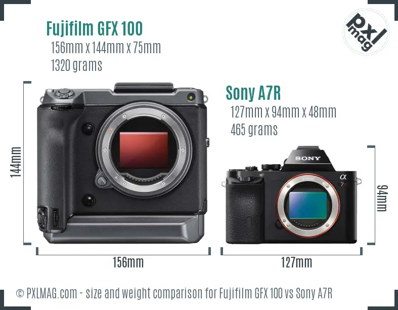 Fujifilm GFX 100 vs Sony A7R size comparison