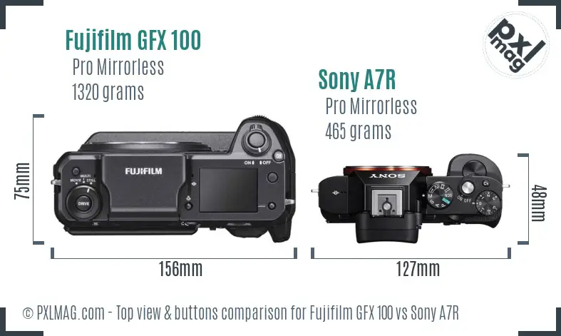 Fujifilm GFX 100 vs Sony A7R top view buttons comparison