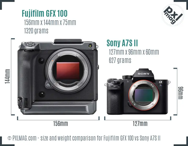 Fujifilm GFX 100 vs Sony A7S II size comparison