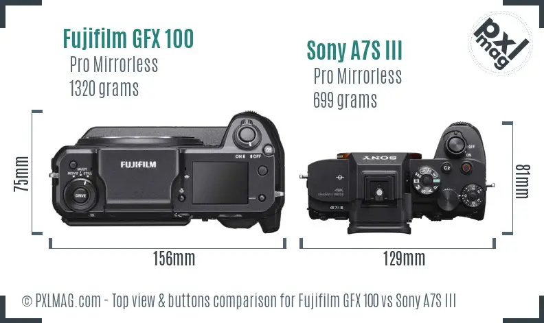 Fujifilm GFX 100 vs Sony A7S III top view buttons comparison