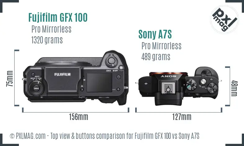 Fujifilm GFX 100 vs Sony A7S top view buttons comparison
