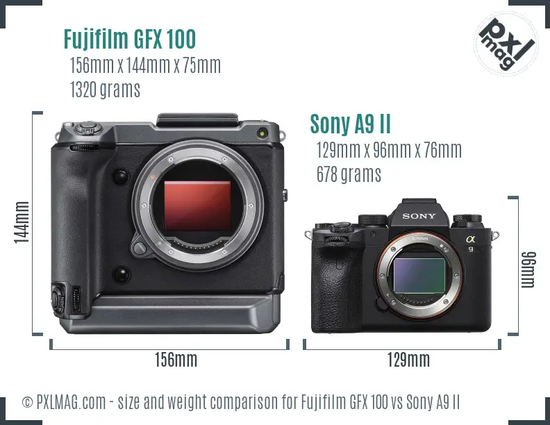Fujifilm GFX 100 vs Sony A9 II size comparison