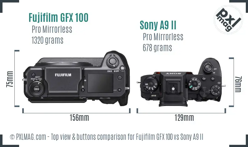 Fujifilm GFX 100 vs Sony A9 II top view buttons comparison