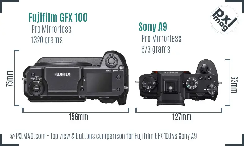 Fujifilm GFX 100 vs Sony A9 top view buttons comparison
