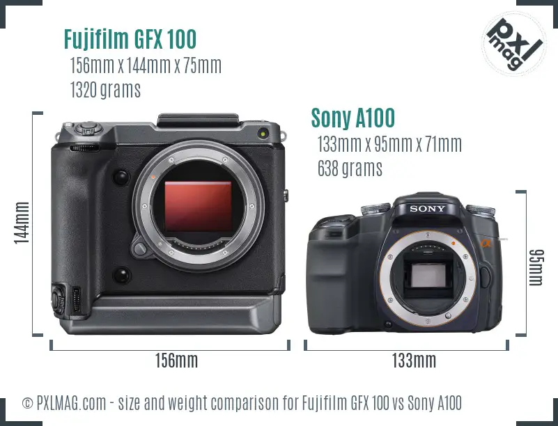 Fujifilm GFX 100 vs Sony A100 size comparison