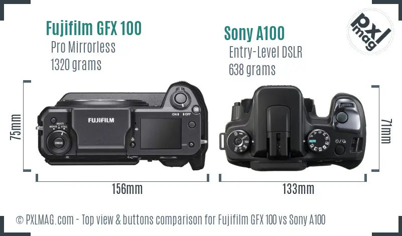 Fujifilm GFX 100 vs Sony A100 top view buttons comparison