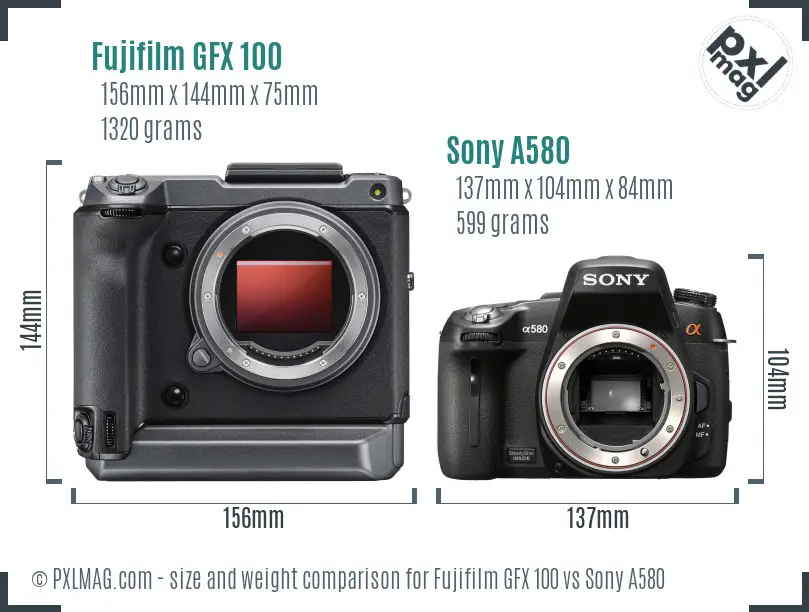 Fujifilm GFX 100 vs Sony A580 size comparison