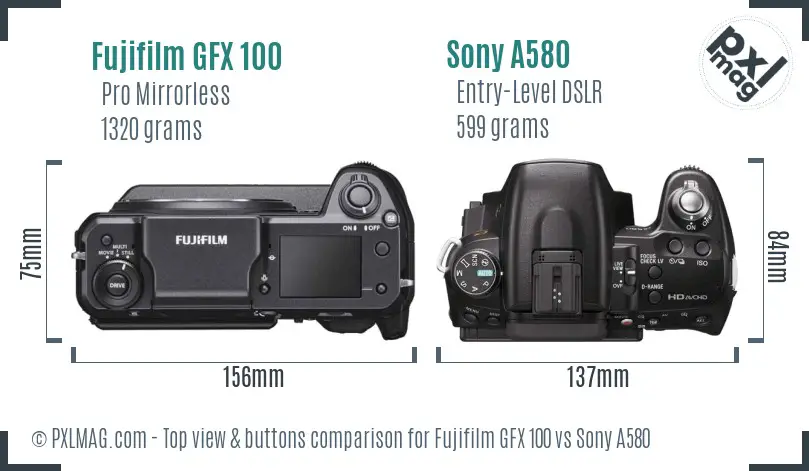 Fujifilm GFX 100 vs Sony A580 top view buttons comparison