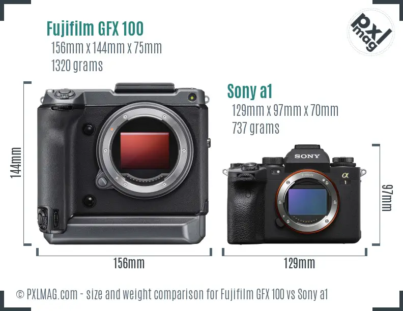 Fujifilm GFX 100 vs Sony a1 size comparison