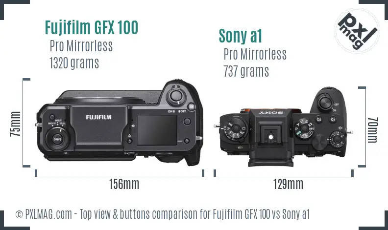 Fujifilm GFX 100 vs Sony a1 top view buttons comparison