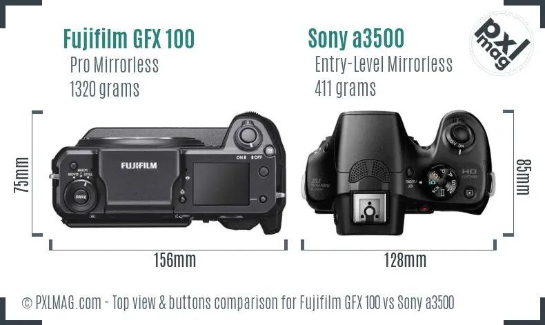 Fujifilm GFX 100 vs Sony a3500 top view buttons comparison