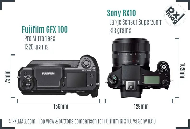 Fujifilm GFX 100 vs Sony RX10 top view buttons comparison