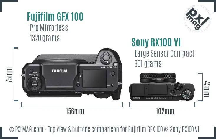 Fujifilm GFX 100 vs Sony RX100 VI top view buttons comparison
