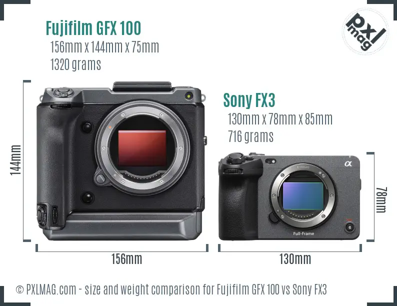 Fujifilm GFX 100 vs Sony FX3 size comparison