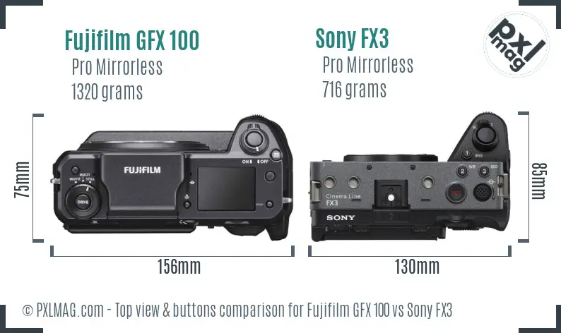 Fujifilm GFX 100 vs Sony FX3 top view buttons comparison