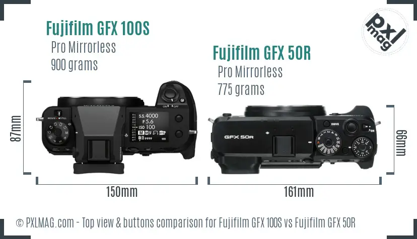 Fujifilm GFX 100S vs Fujifilm GFX 50R top view buttons comparison