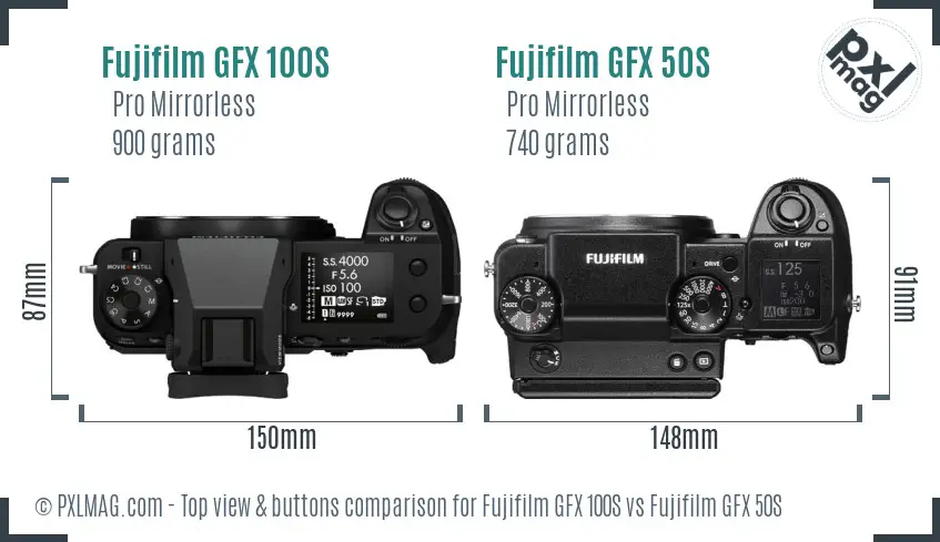 Fujifilm GFX 100S vs Fujifilm GFX 50S top view buttons comparison