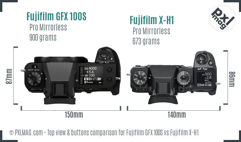 Fujifilm GFX 100S vs Fujifilm X-H1 top view buttons comparison