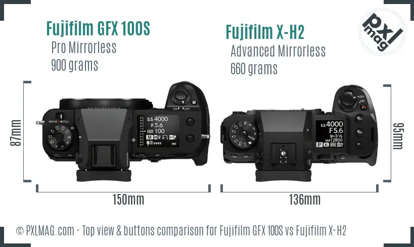 Fujifilm GFX 100S vs Fujifilm X-H2 top view buttons comparison