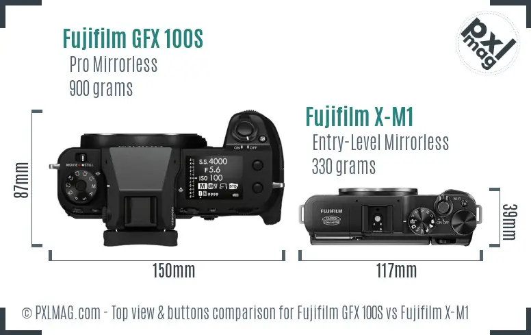 Fujifilm GFX 100S vs Fujifilm X-M1 top view buttons comparison